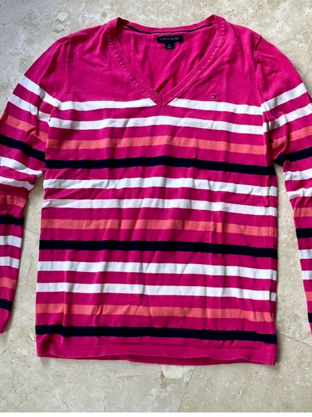 Women’s Tommy Hilfiger Hot Pink Striped Long Sleeve V-neck sweater M.